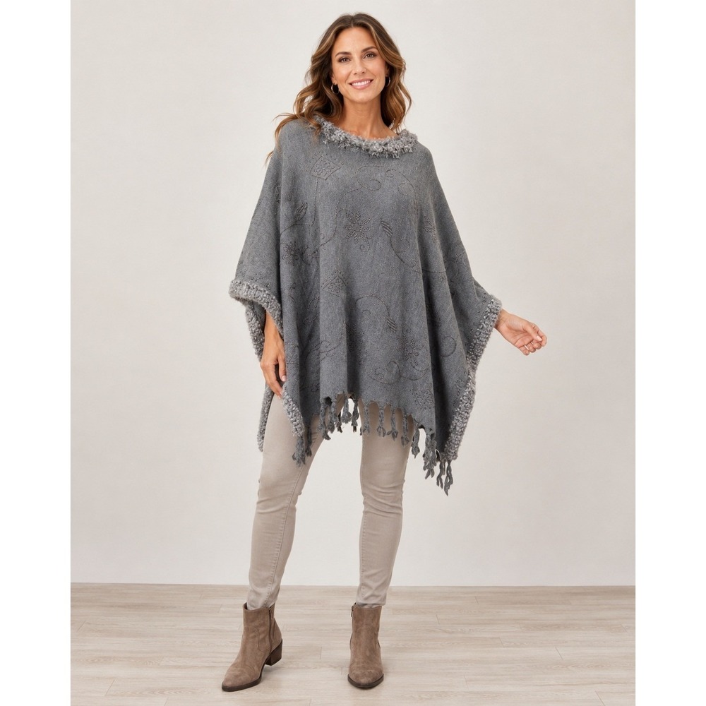 Marisa Kenson Poncho Sweater Womens One Size Gray Rabbit Fur Trim Embroidered